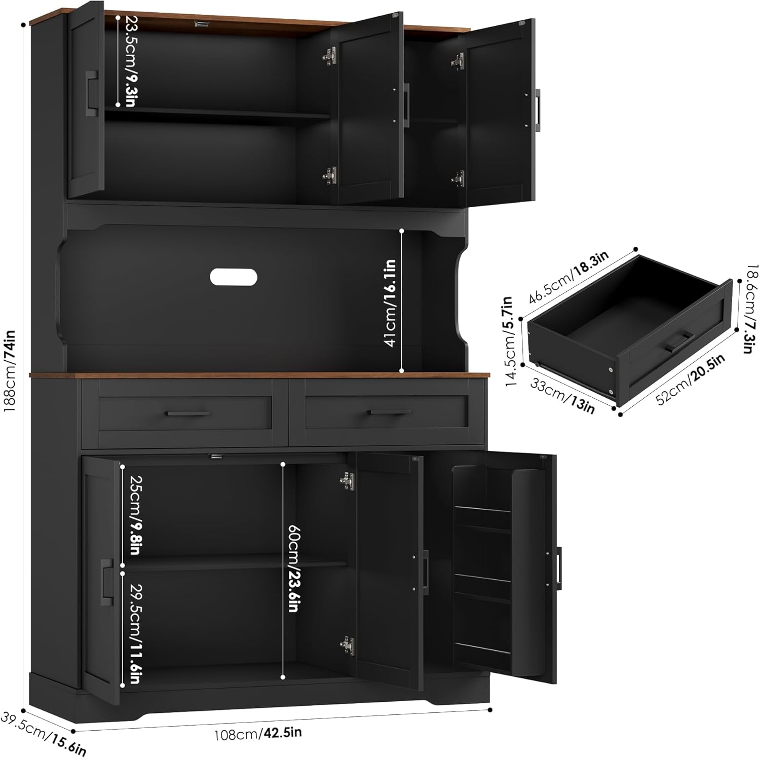 FACBOTALL Tall Kitchen Pantry Cabinet, Farmhouse Food Pantry Cabinet with Doors and Adjustable Shelves, Kitchen Hutch with Countertop and Microwave Stand for Dining Room, Living Room, Black
