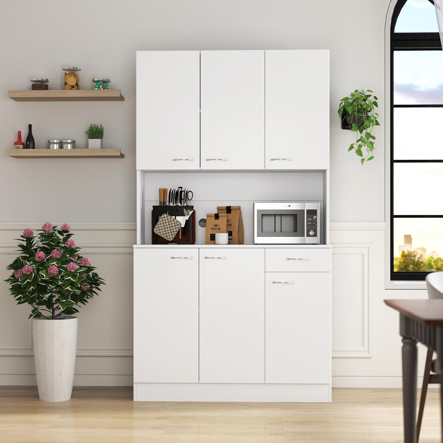 71" Kitchen Pantry Cabinet with Drawer, Farmhouse Tall Storage Cabinet with 6 Doors and Shelves, Rustic Freestanding Cupboard with Storage Rack for Kitchen, Dining Room (White)