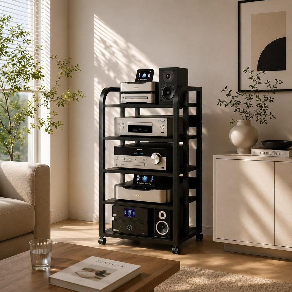 5-Tier Audio Rack with Wheels, Adjustable AV Media Stand for Stereo Components, Heavy Duty Stereo Cabinet with Open Airflow Shelves, Audio Equipment Rack for Living Room and Home Theater