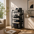 5-Tier Audio Rack with Wheels, Adjustable AV Media Stand for Stereo Components, Heavy Duty Stereo Cabinet with Open Airflow Shelves, Audio Equipment Rack for Living Room and Home Theater