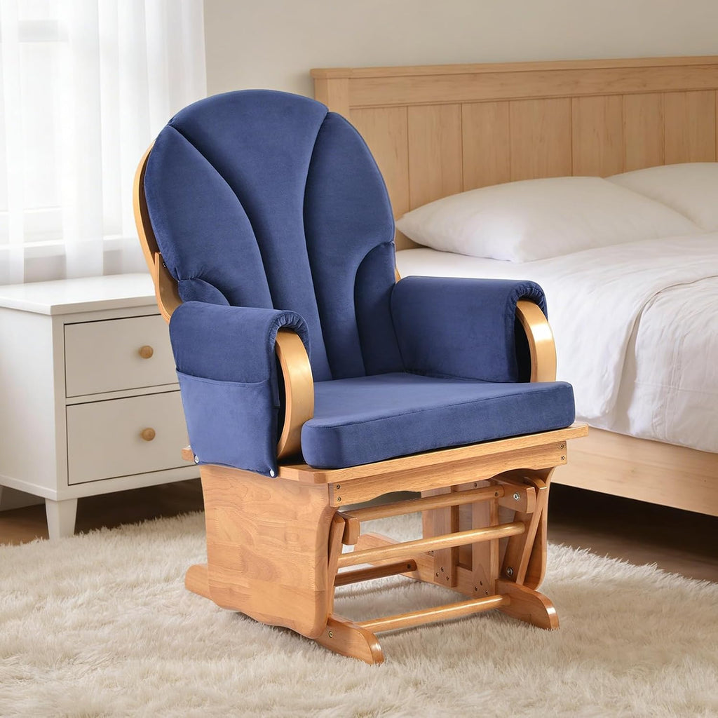 Beech Wood Gliding Rocking Chair for Nursery, Rocking Chair Glider Rocker with Arm Rest, Padded Cushion for Living Room Bedroom Reading Room, 280lbs Weight Capacity, Blue