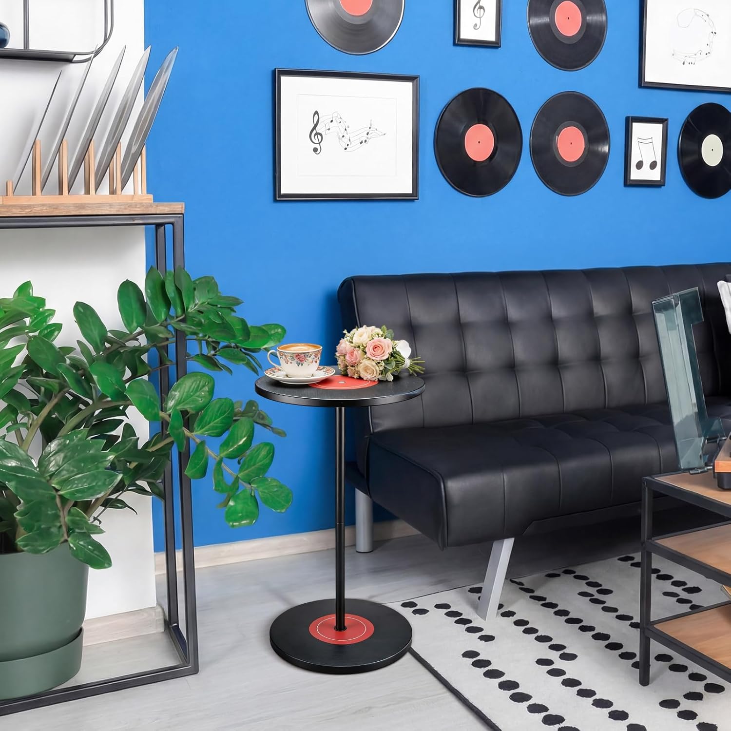 Weysat Vinyl Records Side Table Record Decoration for Indie Hippie Room Decor Small Round End Drink Table with Pedestal Modern Hippie Decor for Home Music Room Party Aesthetic Decoration 14x25.6 Inch