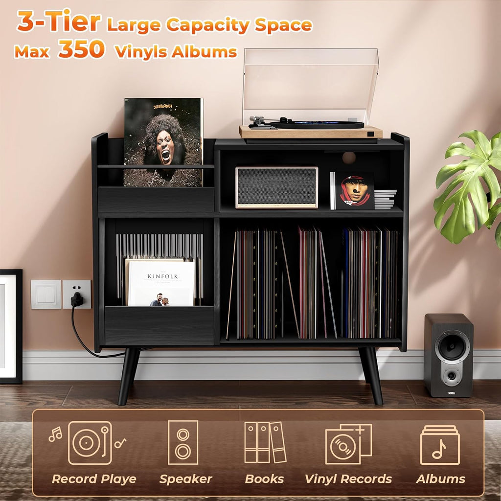 Upgraded Large Black Record Player Stand -Turntable Stand Shelf with with Power Outlet and LED Light,Vinyl Record Storage Cabinet Up to 350 Albums,Wood Record Player Holder Table for Living Room