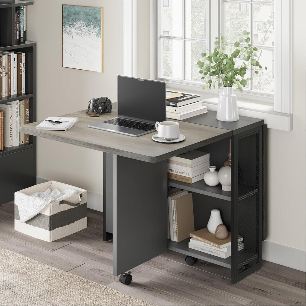 CABIHOME 50" Space Saving Folding Dining Table with 2 Tier Storage-Extendable Drop Leaf Farmhouse Kitchen Dining Room Tables Set for 4, Collapsible Expandable Rectangle, Grey