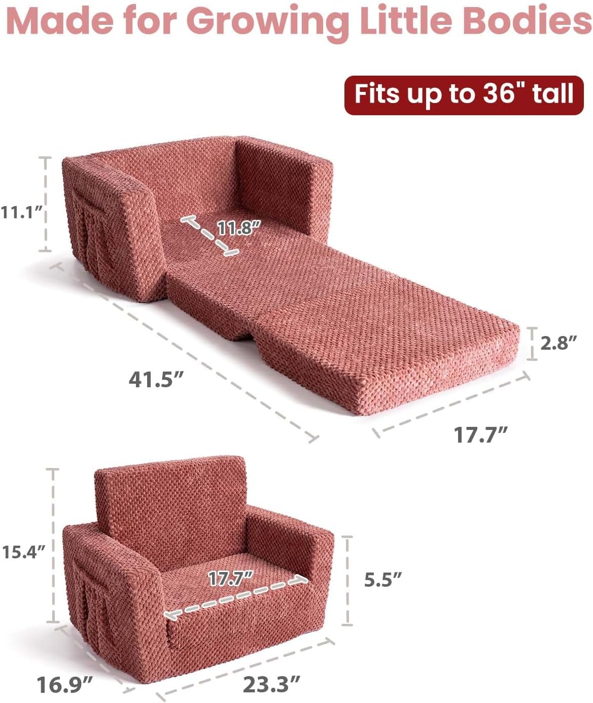 TinyPalsa Foldable Toddler Couch with Soft Sherpa Cover, 2-in-1 Comfy Toddler Sofa & Lounger for 3+ Years Old Girls Boys, Kids Chair with Pockets & Handle for Reading, Playroom (Pink)