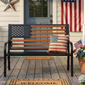45.7 Inch American Flag Outdoor Bench - Patriotic Stars and Stripes Garden Bench with Heavy Duty Cast Iron Frame & Weather Resistant Steel Slats - Rustic Porch Furniture for Backyard, Memorial