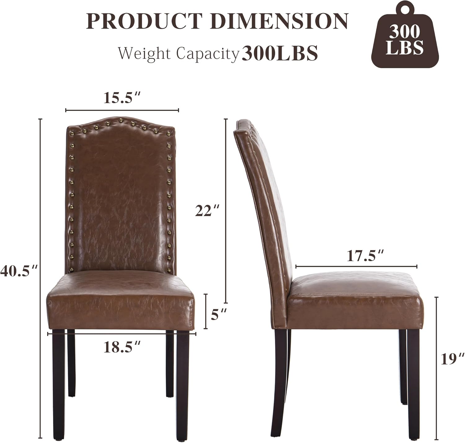 LSSBOUGHT PU Dining Chair Upholstered Parsons Kitchen Chair with Copper Nails and Solid Wood Legs for Dining Room,Restaurant (Brown, 4PCS)