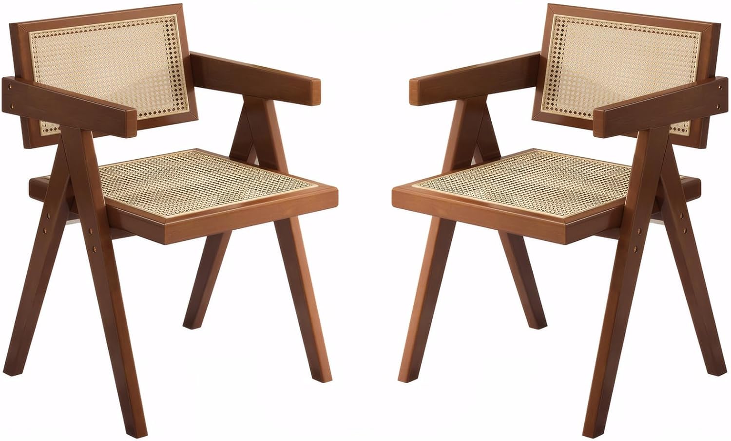 Mid Century Dining Chairs Set of 2, Rattan Accent Armchairs for Living Room, Kitchen, Patio, Brown Wooden Chairs