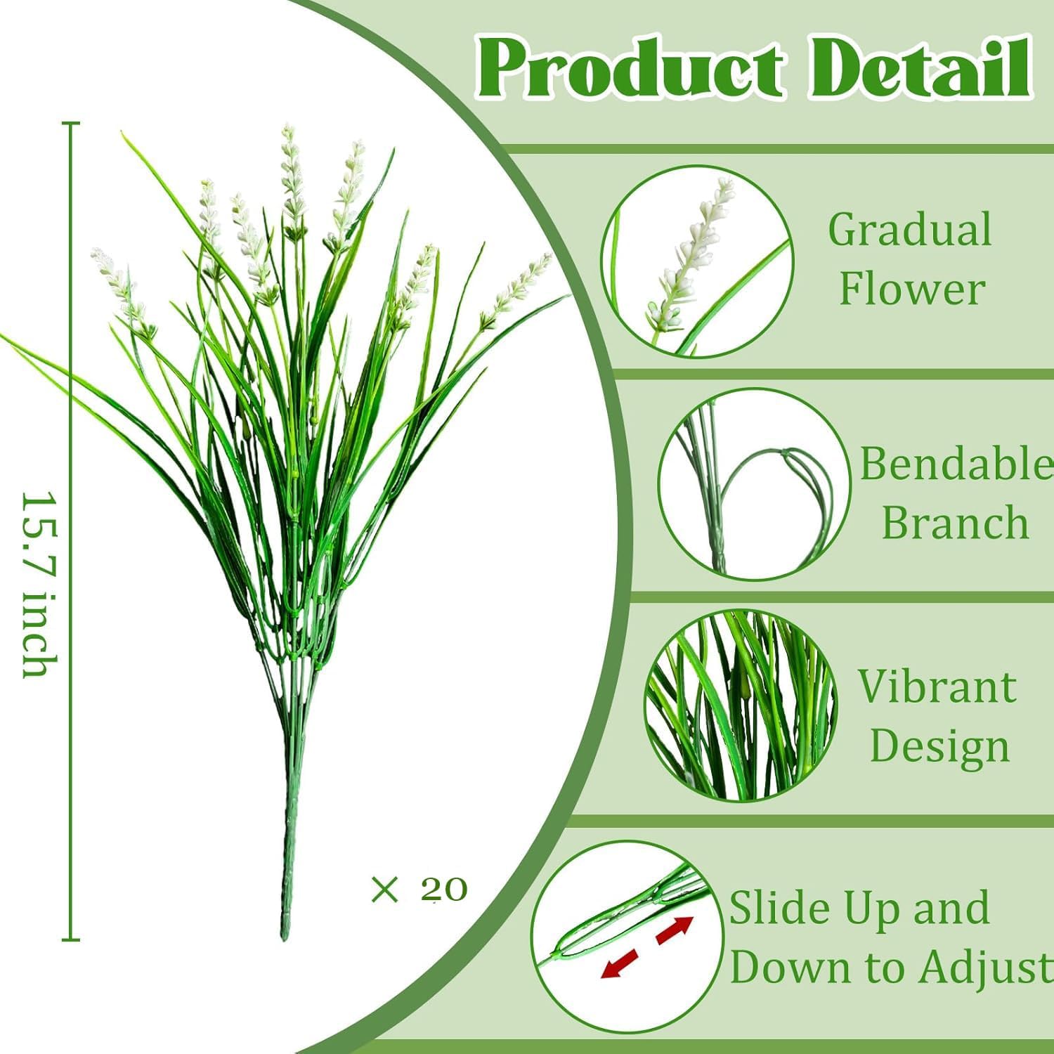 20Pcs Fake Plants Artificial Flowers Monkey Grass for Outdoors，UV Resistant Realistic White Artificial Plants Outdoor，No Fade Greenery Shrubs Outside Decor for Courtyard Porch Patio Garden