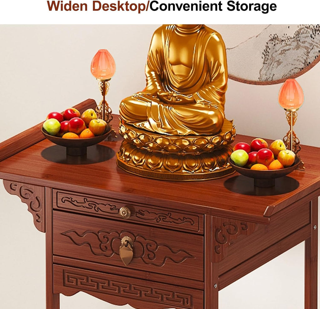 Meditation Table, Altar Cabinet with Pull-Out Storage Board, Personal Shrine Stand for Homes and Temples