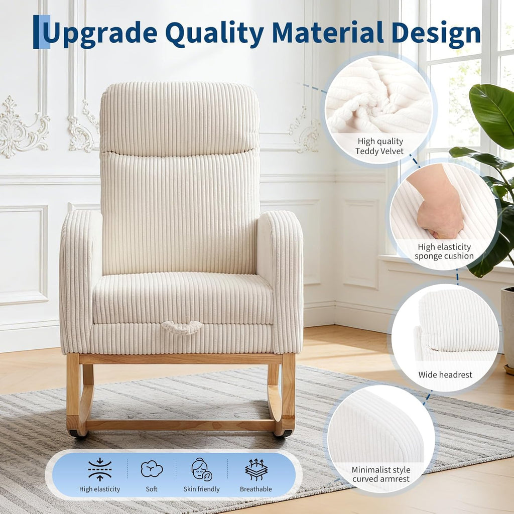 Nursery Rocking Chair, Corduroy Upholstered Rocking Chair with Adjustable Footrest, Tufted Rocker Chair with Side Pocket, Glider Rocker for Living Room, Bedroom