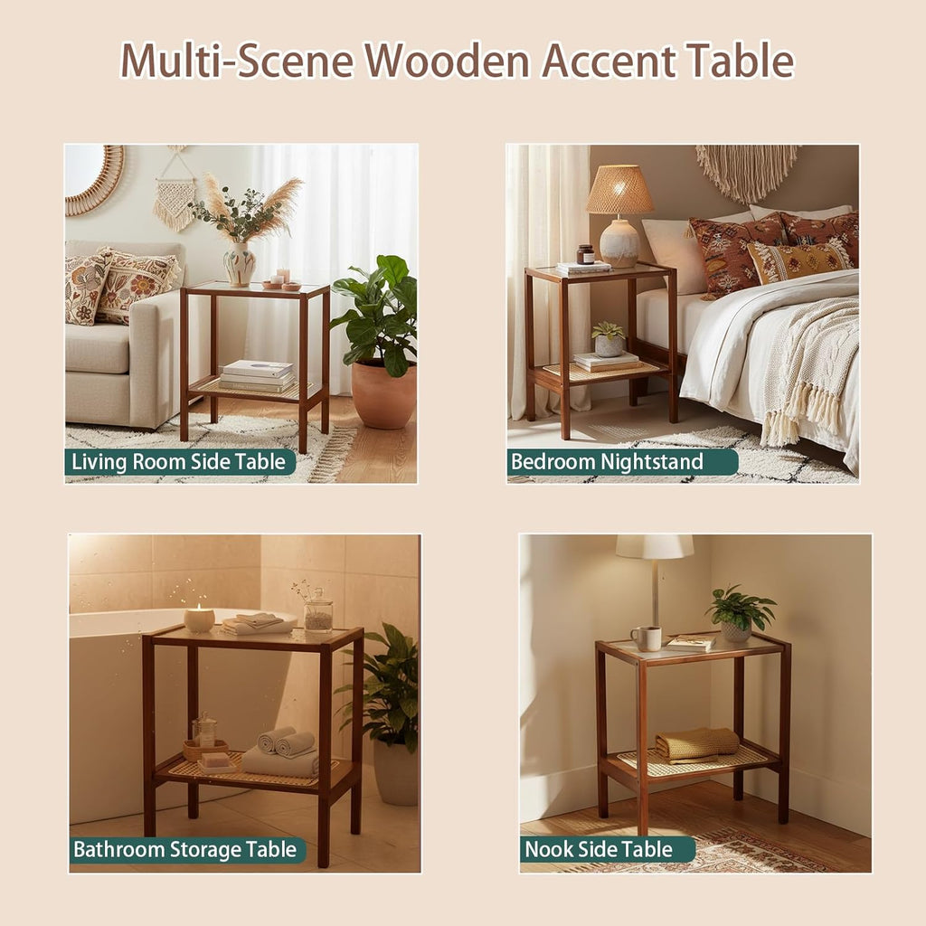 Tiita Rattan Side Table, Mid Century Nightstand, 2-Tier Bamboo Accent Bedside Tables, Glass Coffee Tables, Boho Wooden Narrow End Table with Storage for Small Space, Living Room and Bedroom