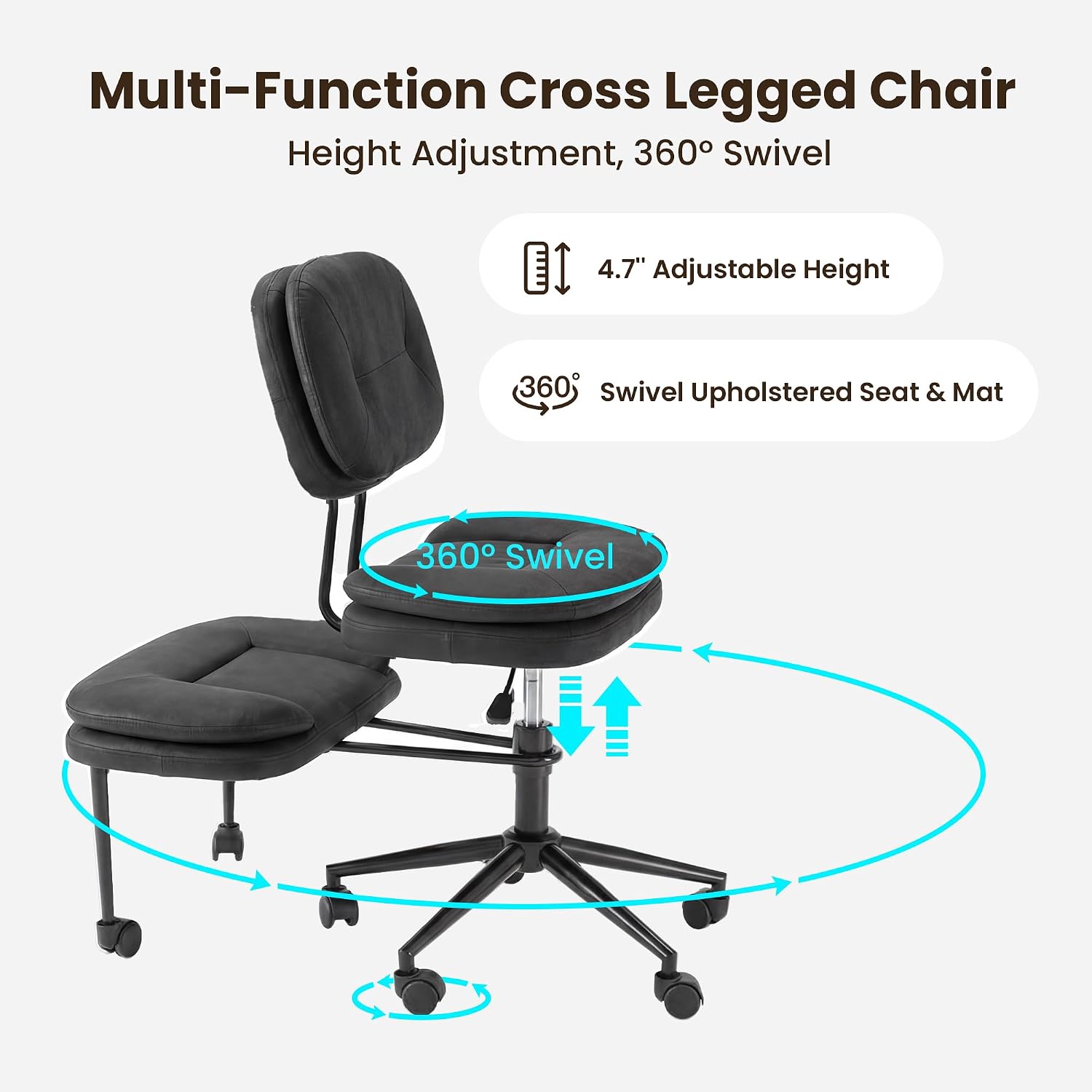 COSIEST Cross Legged Office Chair with Wheels, Ergonomic Kneeling Chair for Adults, Criss Cross Chair with Wide Seat, Comfortable Home Office Desk Chair, 360° Swivel Adjustable Height, Black