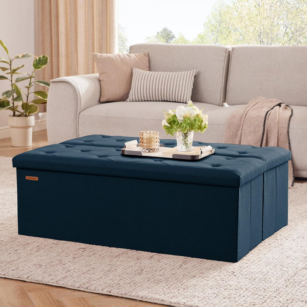 HAUSFRAU Storage Ottoman Bench with Flipping Lid, 43.3 Inches Storage Chest Footsrest, Folding Foot Stool for Entryway, Living Room, Bedroom, Linen Navy Blue