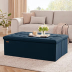 HAUSFRAU Storage Ottoman Bench with Flipping Lid, 43.3 Inches Storage Chest Footsrest, Folding Foot Stool for Entryway, Living Room, Bedroom, Linen Navy Blue
