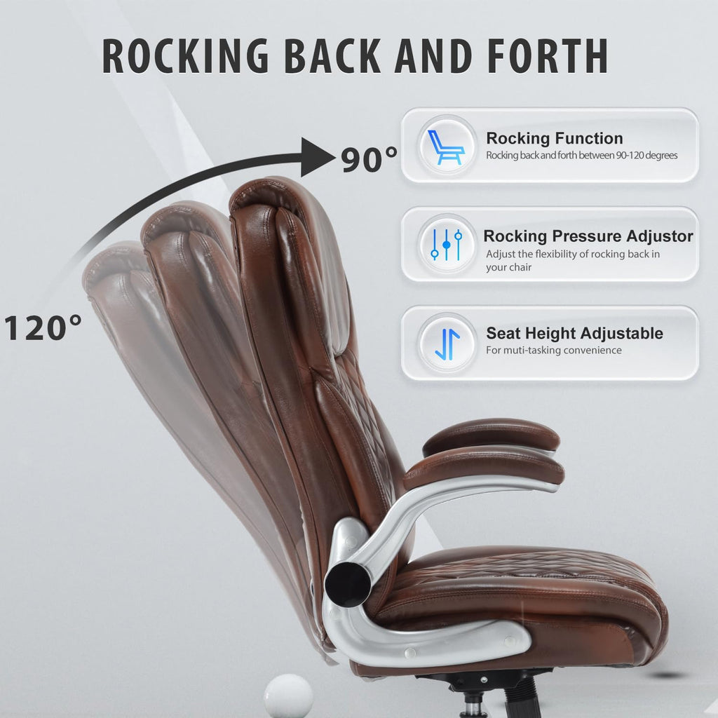 Leather Office Chair Brown with Flip up Arms, Big and Tall High Back Executive Office Desk Chairs with Wheels, Rocking Managerial Ergonomic Home Computer Chairs with Lumbar Support, Brown