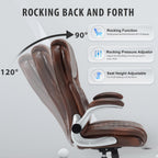 Leather Office Chair Brown with Flip up Arms, Big and Tall High Back Executive Office Desk Chairs with Wheels, Rocking Managerial Ergonomic Home Computer Chairs with Lumbar Support, Brown