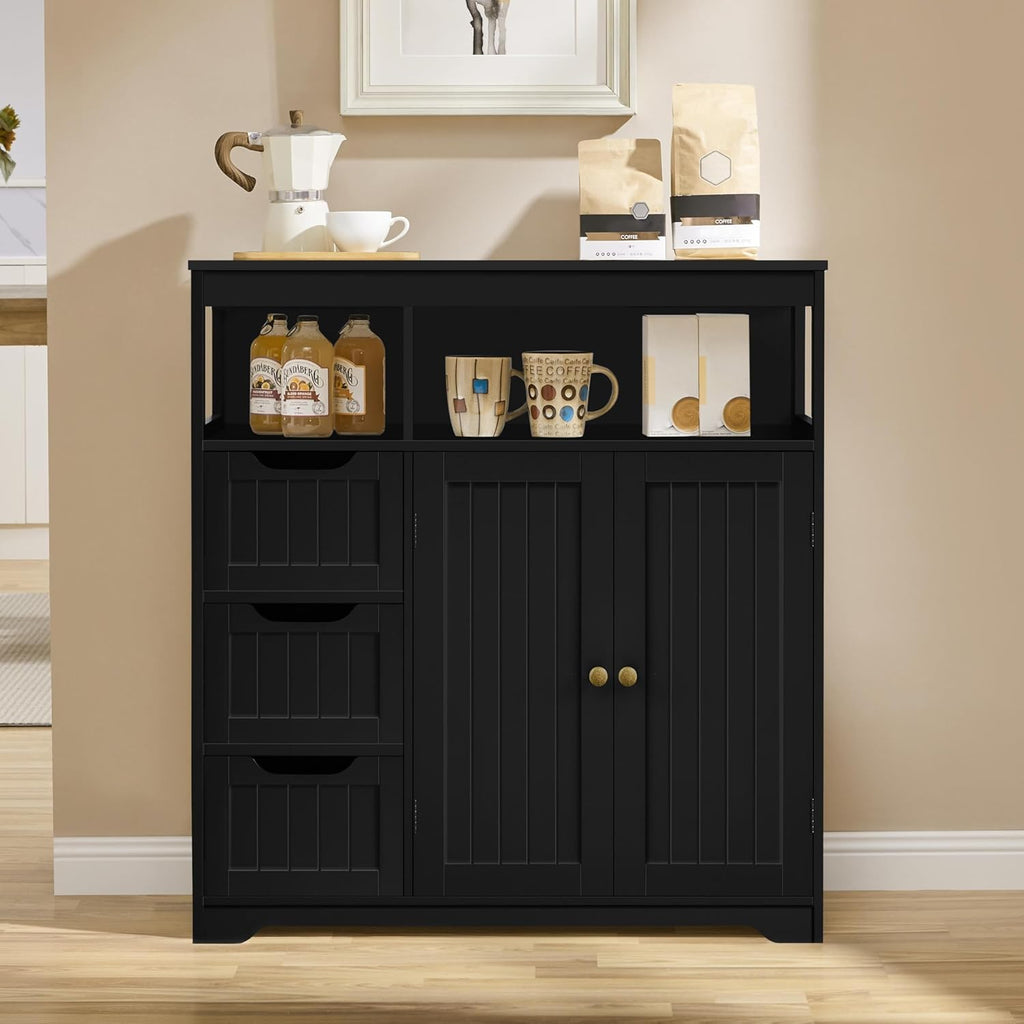 Yaheetech Bathroom Storage Cabinet, Wide Floor Cabinet with 3 Drawers and 2 Doors, Barhroom Storage Organizer with 2 Open Shelves, Adjustable Shelf, for Living Room, Kitchen, Hallway, Black