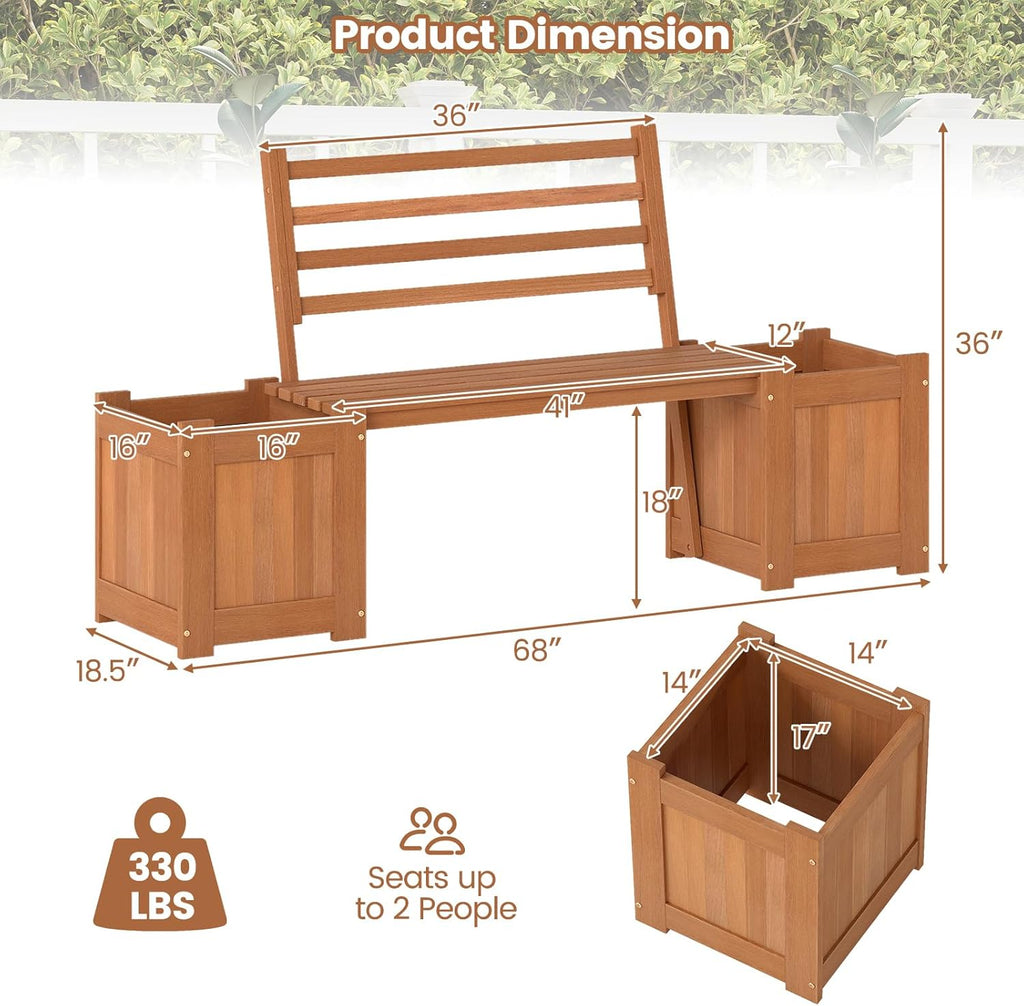 Outdoor Planter Box with Bench, Teak Oil Finish Wood Seat with 2 Open-Ended Base Garden Beds & Backrest, Decorative Plant Container for Yard, Balcony & Porch