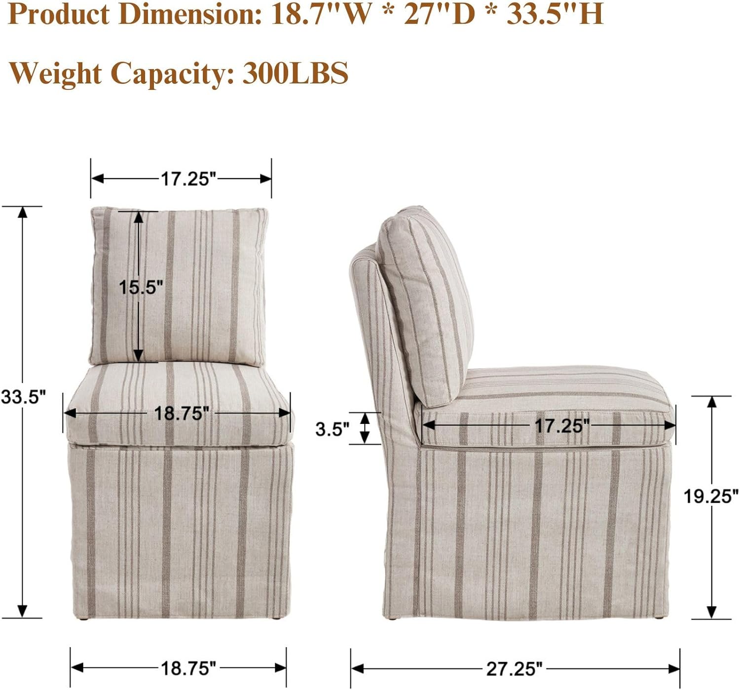Upholstered Dining Chairs Set of 6 Slipcovered Armless Dining Chair with Solid Wood Legs, Soft Padded Upholstered Side Chair for Dining/Living/Readin Room, Banquet, Khaki Stripe