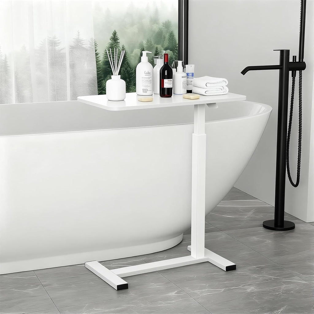 Pneumatic Adjustable Height C-Shaped End Table,Slides Under Furniture, Hospital Bed Table Side Table for Sofa & Bedside, Hidden Wheels for Small Spaces(15.8''Wx31.5'D'x37.1''H,White)