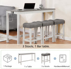LKTART Bar Table and Chairs Set, 4 Piece Counter Height Bar Table Set with Power Outlet and 3 Upholstered Stools, Industrial Breakfast Table for Living Room, White & Grey