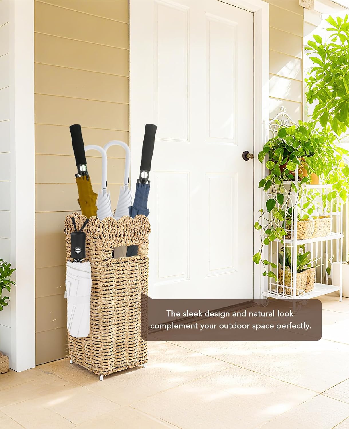 AceList Woven Umbrella Stand for Entryway, PE Rattan with Drip Tray | Scalloped cane holder for umbrellas, walking sticks & wrapping paper, farmhouse porch decor, removable base, sturdy 16.5 inch