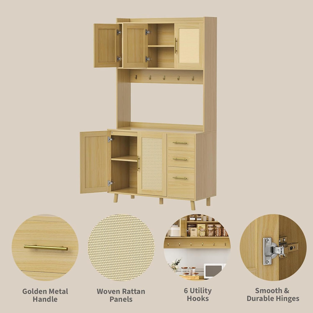Garvee Rattan Pantry Cabinet, 71 in Kitchen Pantry with Microwave Stand, Freestanding Hutch with Drawers, Doors and Hooks, Boho Storage Cabinet for Dining Room, Kitchen, Living Room, Natural