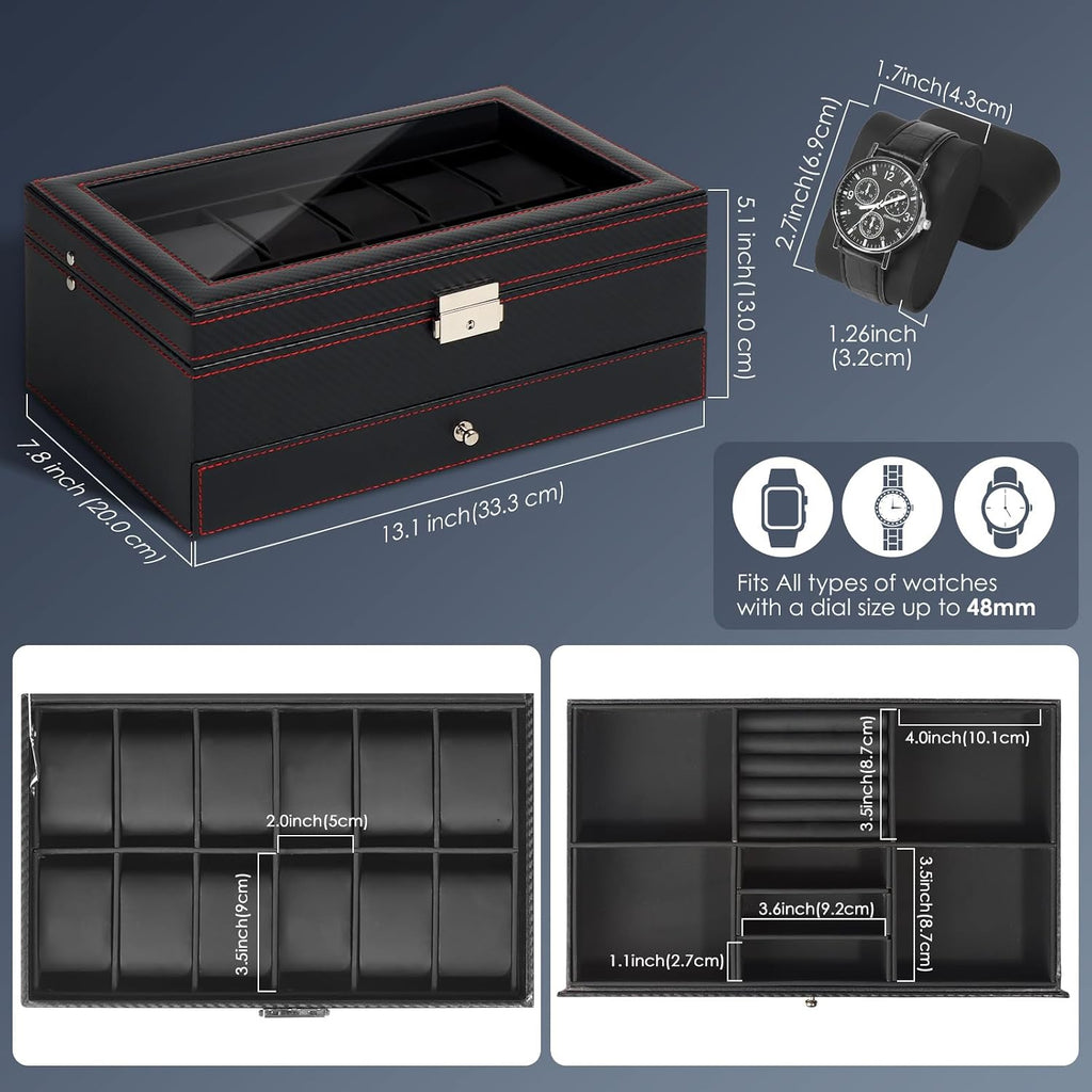 Watch Box for Men, 12 Slot Watch Case, Men's Jewelry Box With Drawer, Man Jewelry Accessory Organizer Case with Large Window, 2-Layer Watch Holder, PU Leather, Fathers Day Gift for Dad