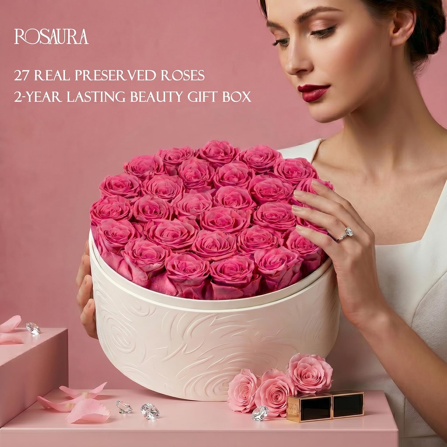 Rosaura 27 Preserved Roses in Round Box-Forever Flowers Gift (Pink) | birthday gifts for women, forever roses, anniversary gifts, mothers day gifts, preserved flowers, valentines day gifts