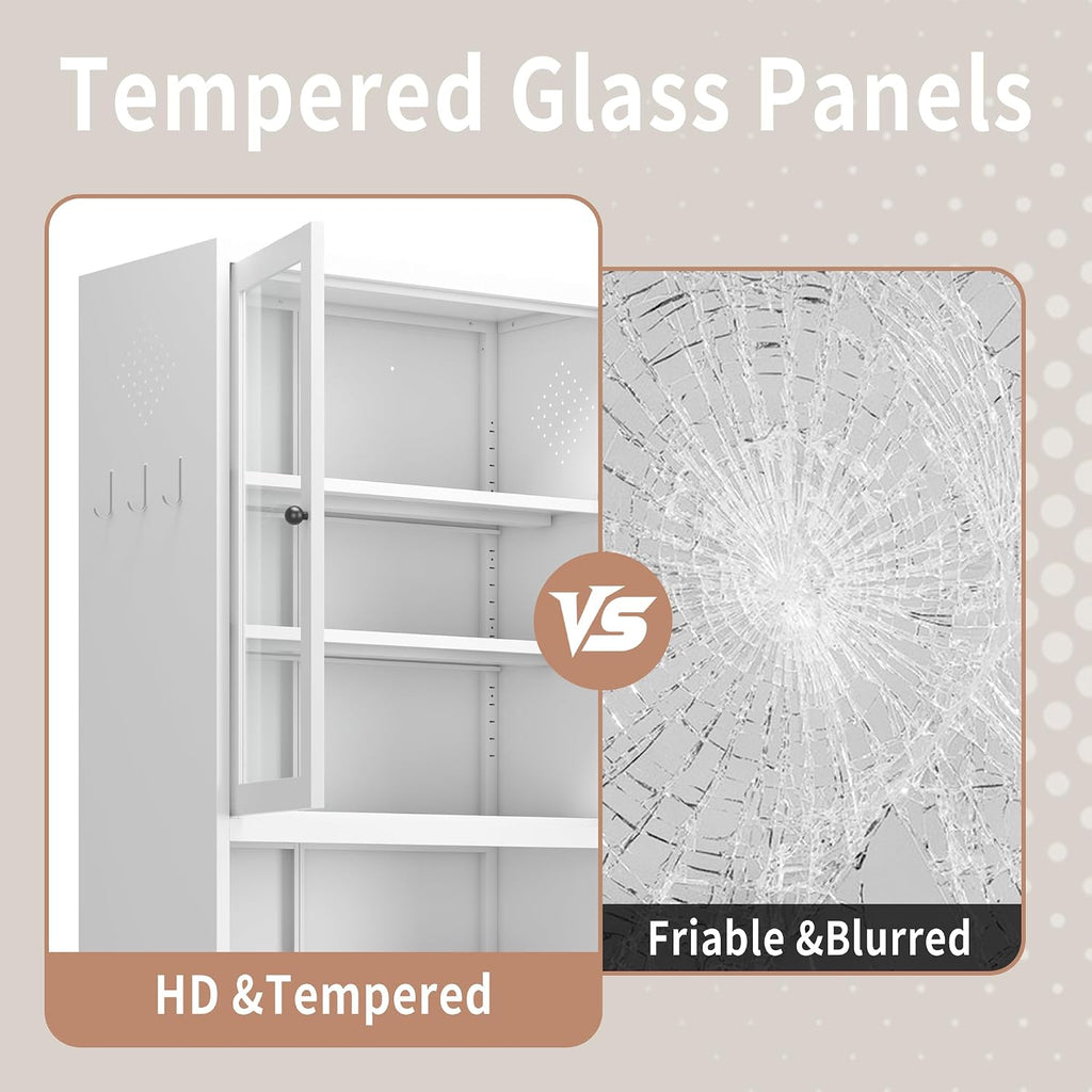 72 Inch White Metal Pantry Cabinet, Freestanding Kitchen Storage with Adjustable Shelves & Stainless Steel Frame, Heavy Duty Organizer for Kitchen, Pantry, Bathroom or Utility Room