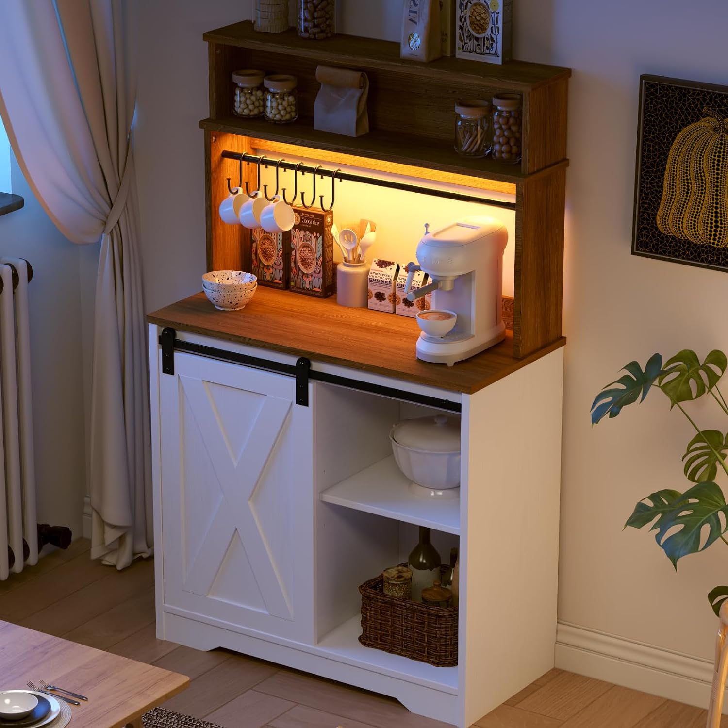 Farmhouse Coffee Bar with Hutch, 55 Inch White Coffee Bar Cabinet Storage with LED Light and Sliding Barn Door, Buffet Cabinet with 6 Hooks, Adjustable Shelves for Living Dining Room