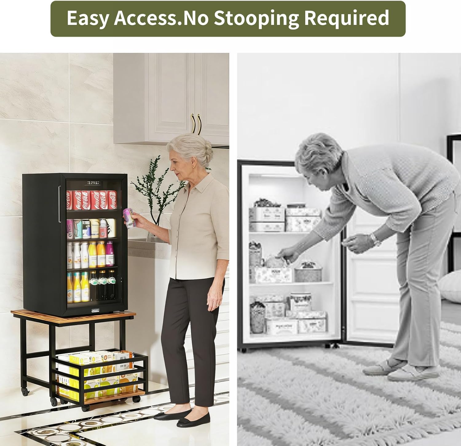 EYOCAL Mini Fridge Stand with Pull-Out Basket, 19.7" x 19.7" Large Tabletop Heavy Duty Stand with Adjustable Feet & Wheels, for Kitchen, Dorm, Office, Rustic Brown and Black