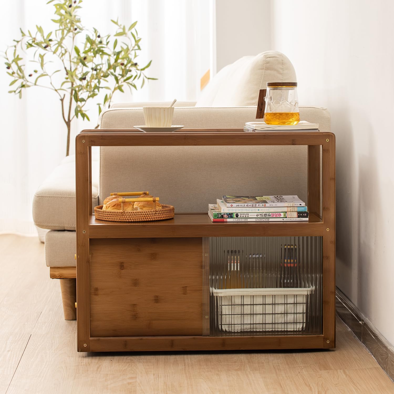 latifolia Bamboo Side Table with Rattan Drawer and Glass Top, Mid-Century Modern Nightstand with Storage, Space-Saving End Table for Bedroom, Living Room, Walnut