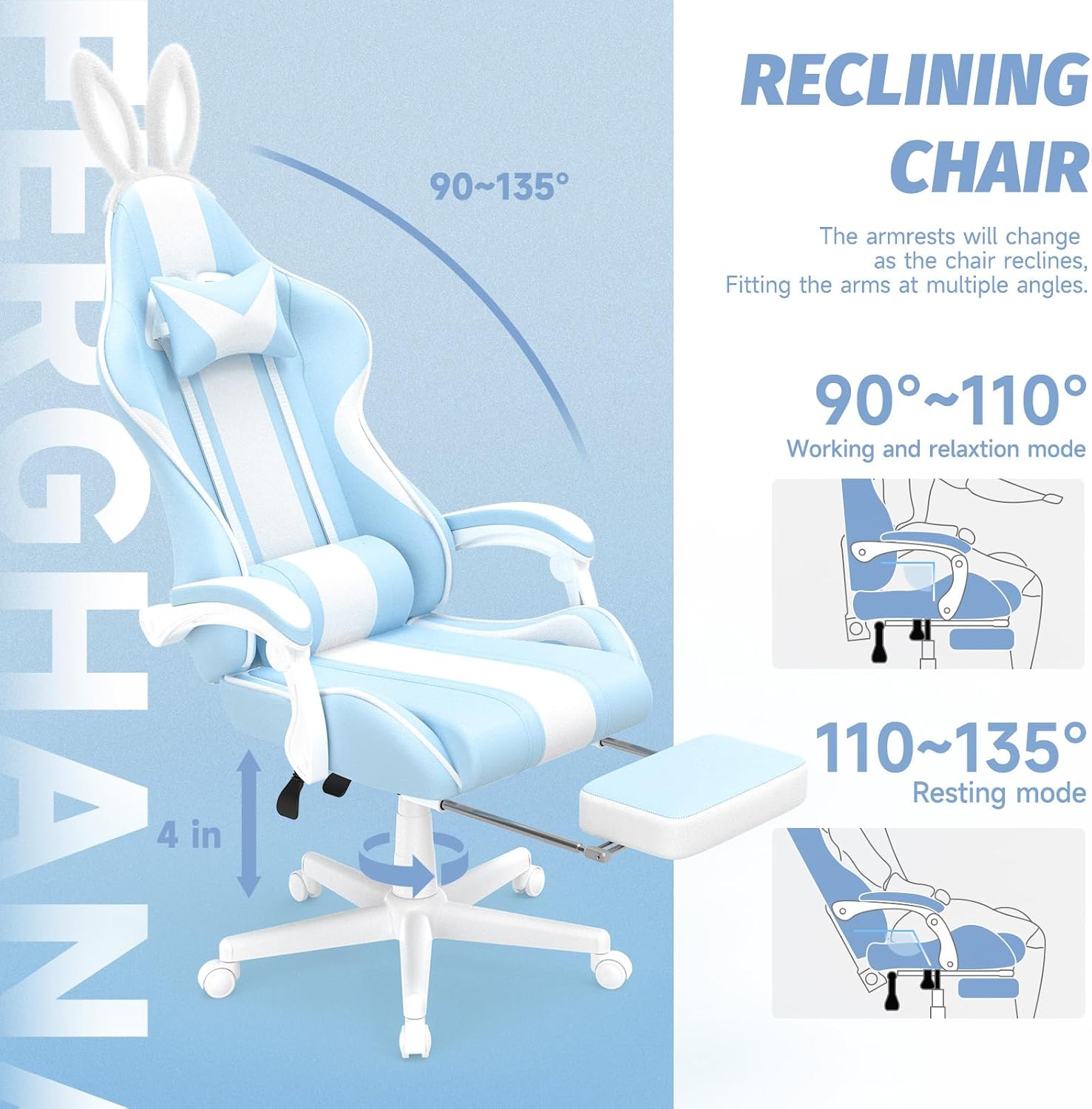 Ferghana Kawaii Bunny Ears Gaming Chair, Cute Gamer Chair with Footrest and Massage, Leather Ergonomic Computer Game Chairs for Girls Adults Teens Kids Light Blue