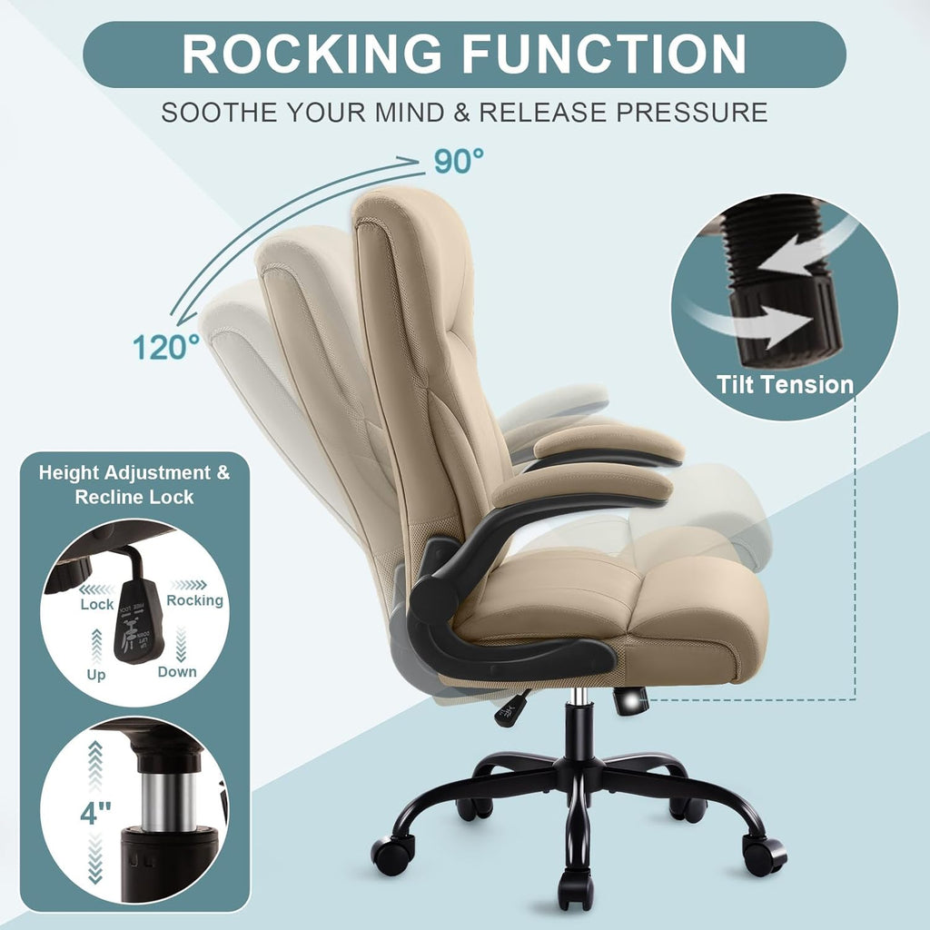 Executive Office Chair,High Back Ergonomic Comfy Desk Chair with Padded Flip-up Armrests and Wheels,PU Leather Heavy Duty Computer Swivel Rolling Task Chair for Home Office,Adults,Khaki