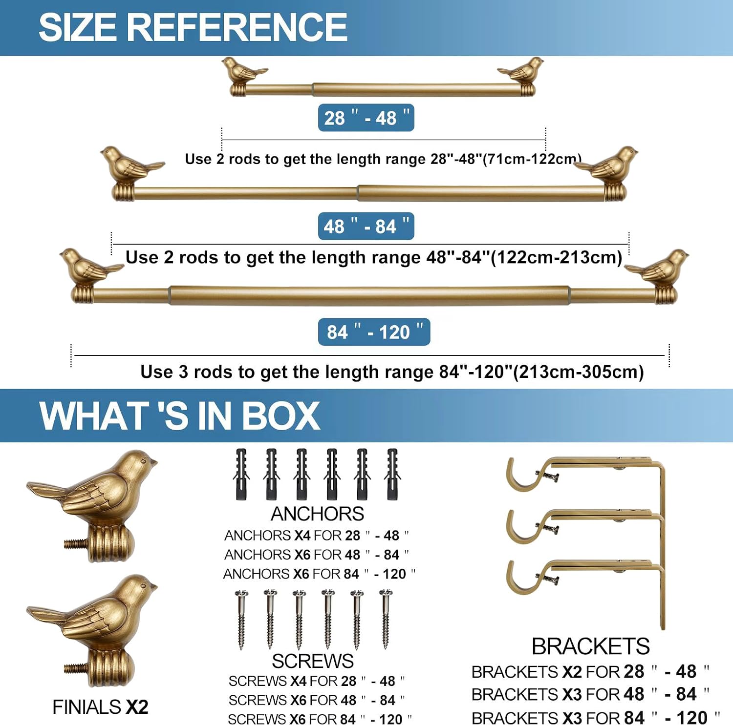 3/4-inch Cute Decorative Bird Adjustable Window Treatment Curtain Single Rod Set, 28" to 48" - Renaissance Gold