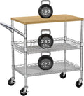 3 Tier Rolling Kitchen Carts on Wheels with Storage,650Lbs Heavy Duty Utility Carts with Wheels,Kitchen Island with Wood Tabletop,Metal Serving Rolling Cart for Small Appliance Food Cart,Wood+Metal