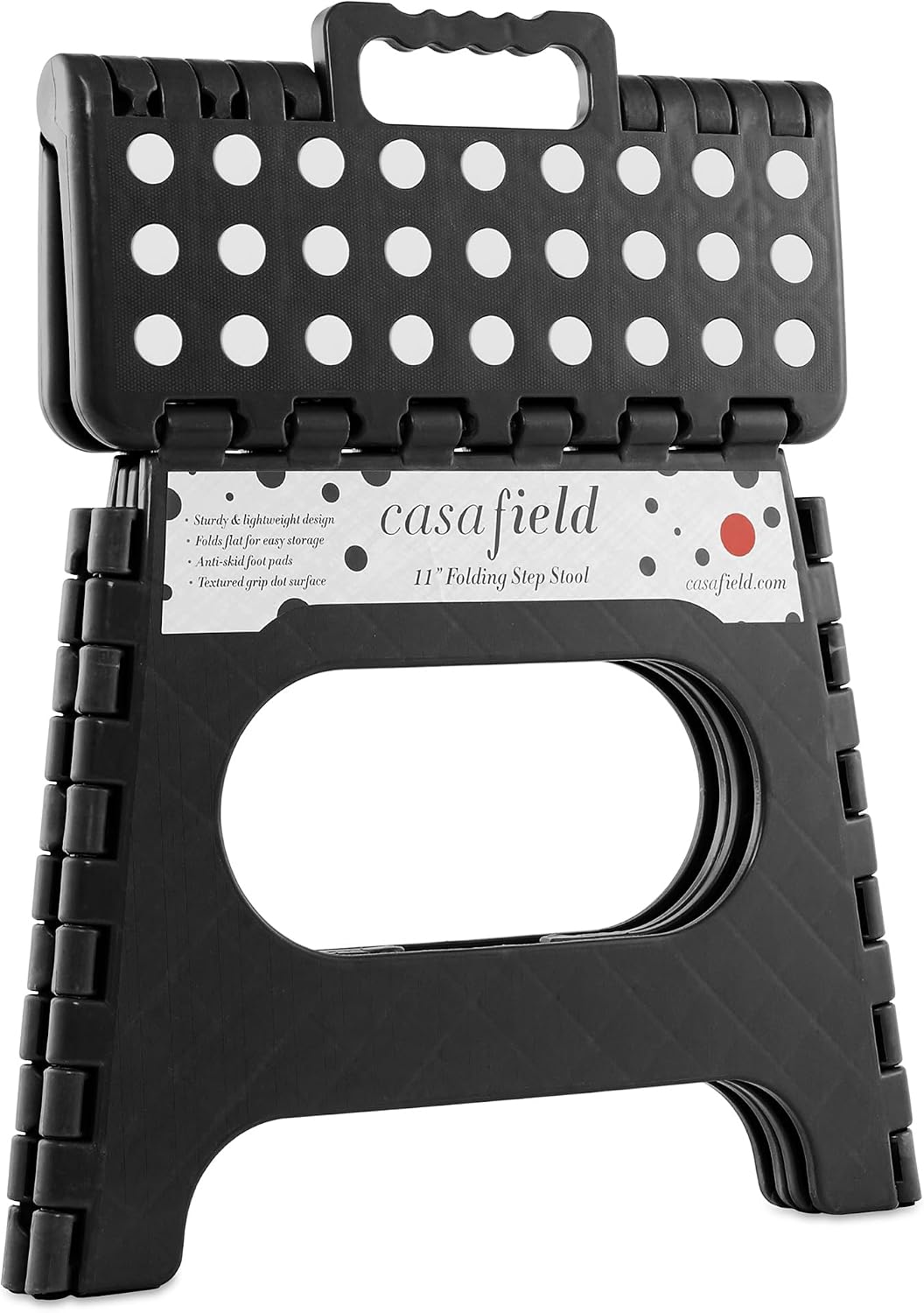 Casafield 11" Folding Step Stool with Handle, Black - Portable Collapsible Small Plastic Foot Stool for Kids and Adults - Use in the Kitchen, Bathroom and Bedroom
