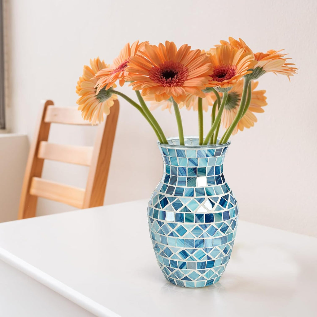 SOUJOY Mosaic Vase, Glass Blue Flower Vases for Centerpieces, Handmade Bud Vase for Wedding Flower Arrangeme, Living Room, Kitchen, Home Decor