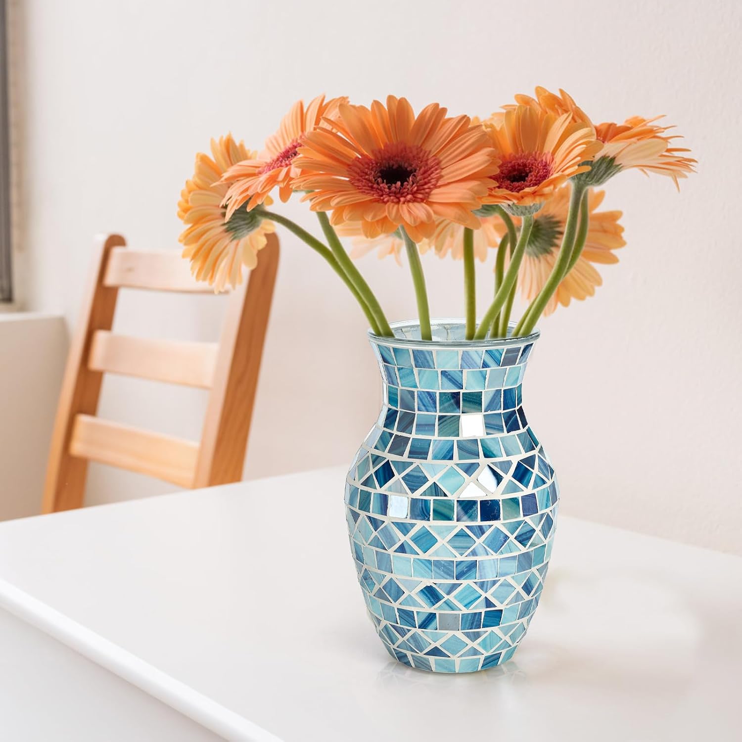 SOUJOY Mosaic Vase, Glass Blue Flower Vases for Centerpieces, Handmade Bud Vase for Wedding Flower Arrangeme, Living Room, Kitchen, Home Decor
