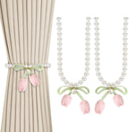 Meplait 2 Pack Magnetic Curtain Tiebacks, Curtain Holdbacks with Tulip Flower & Pearl Adjustable No Drill Curtain Tie Backs for Living Room Bedroom Baby Nursery Home Decor (Pink)
