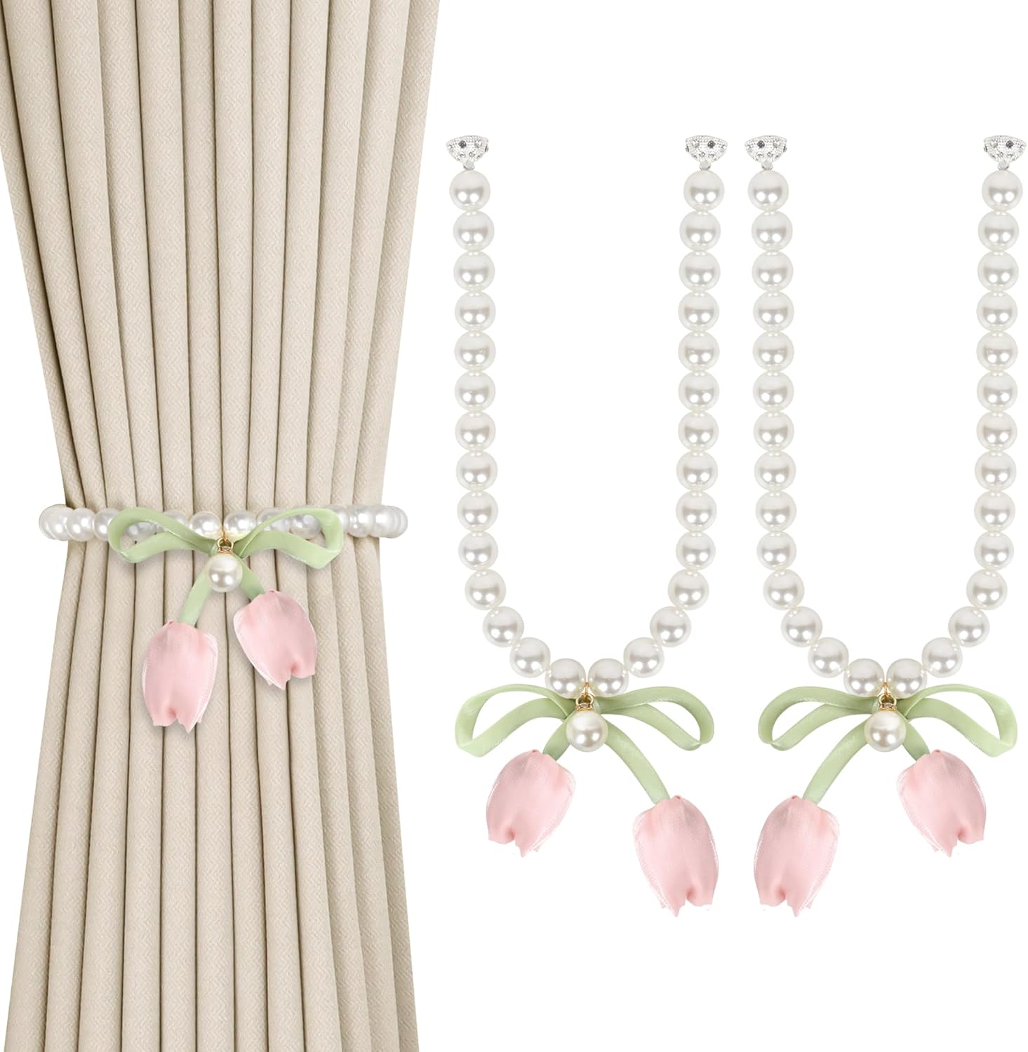 Meplait 2 Pack Magnetic Curtain Tiebacks, Curtain Holdbacks with Tulip Flower & Pearl Adjustable No Drill Curtain Tie Backs for Living Room Bedroom Baby Nursery Home Decor (Pink)
