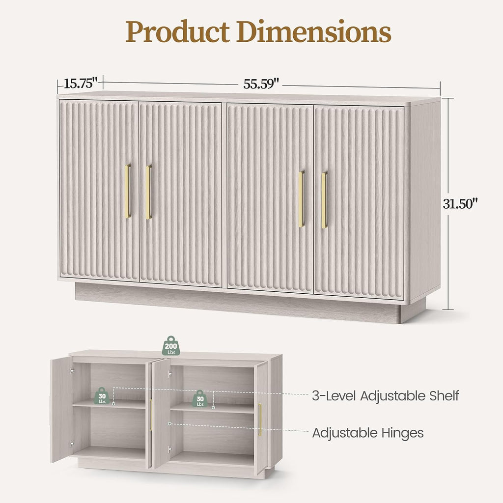 PAPROOS 55" Modern Fluted Sideboard Buffet Cabinet, Space-Saving Storage Credenza for Home Coffee Bar, 4-Door Accent Furniture with Adjustable Shelves for Clutter-Free Living (Beige Gray-1)