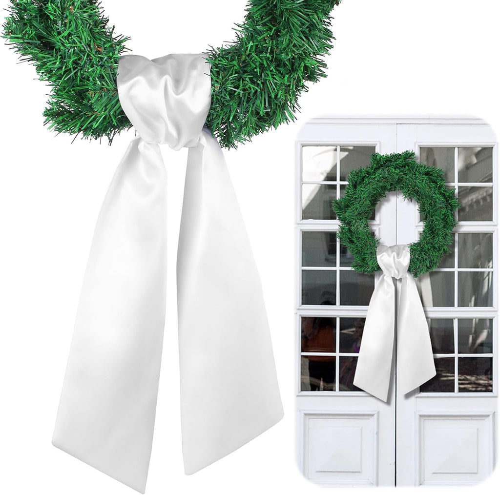 VitalCozy White Wreath Sash for Front Door Blank Satin Tulle Bow Wreath Sash Embroidery Monogram Plain Ribbon Accessories for Xmas Party Yard Doorway Indoor Outdoor Wall (4.5'' X 56'',Satin)