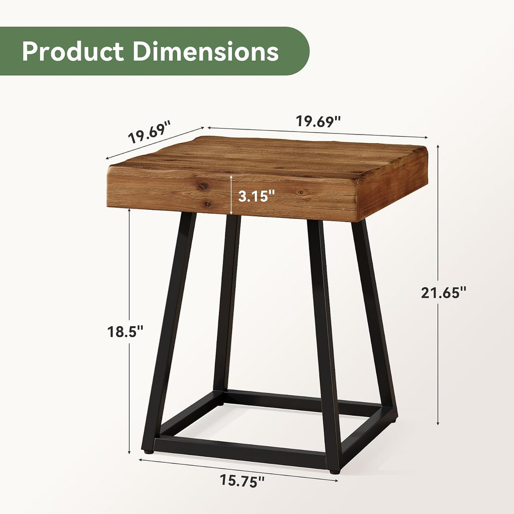 2pcs Solid Wood End Table, 19.7" Square Side Table with Metal Frame, Industrial Nightstand for Living Room, Bedroom, Small Spaces