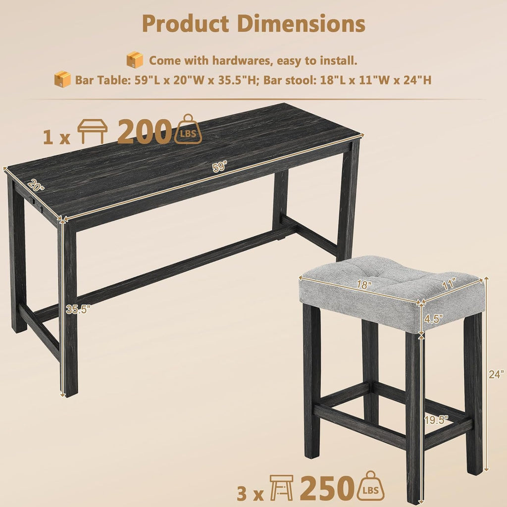 4-Piece Bar Height Table and Chairs with Power Outlet, 59" Counter Height Dining Table Set for 3, High Pub Tables with 3 Linen Upholstered Stools for Kitchen Bar Dining Room (Black RectTable+3Chair)
