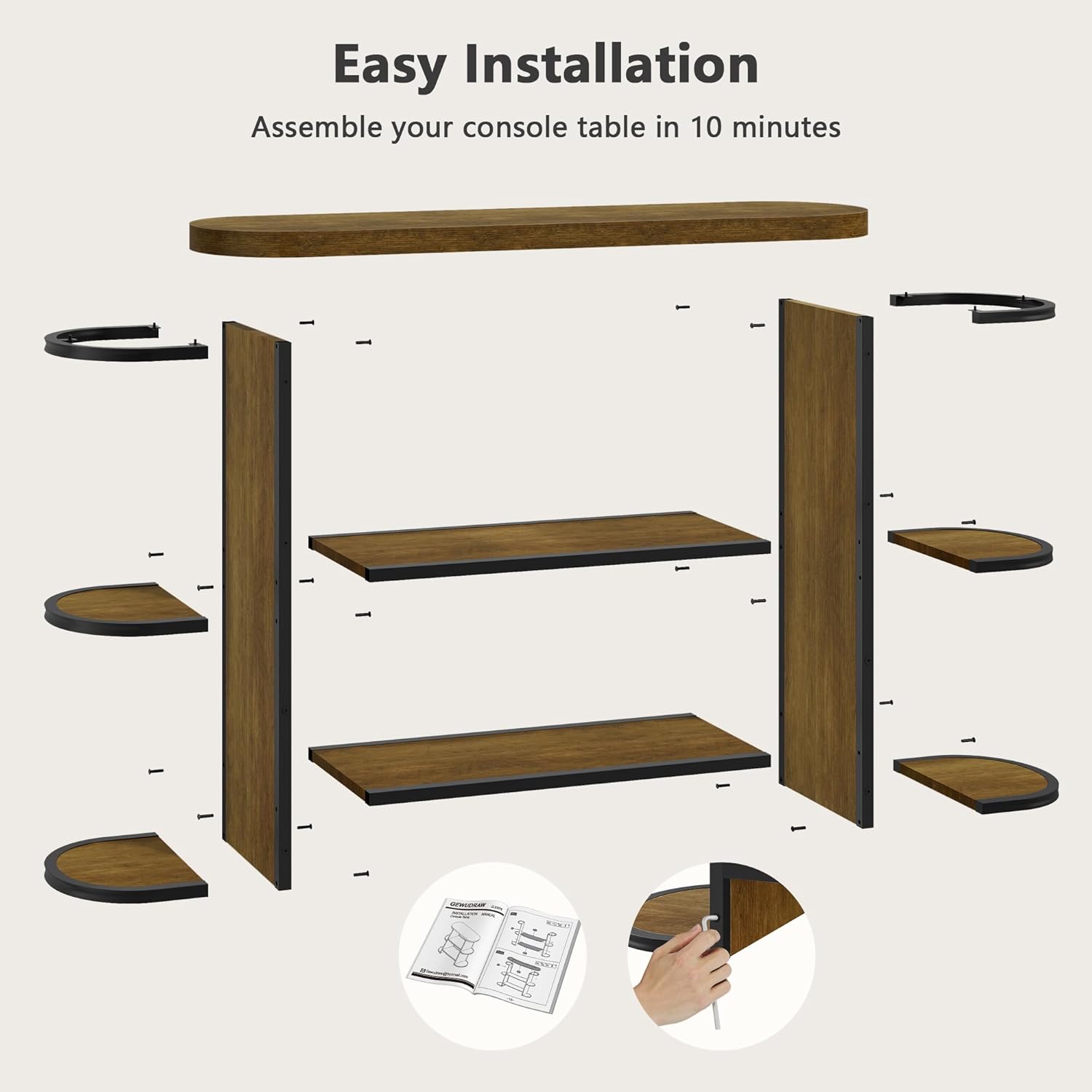 Gewudraw 39” Console Table with Storage, 3 Tier Entryway Table with Round Corners, Industrial Narrow Sofa Table Behind Couch for Living Room, Hallway, Entryway, Rustic Brown