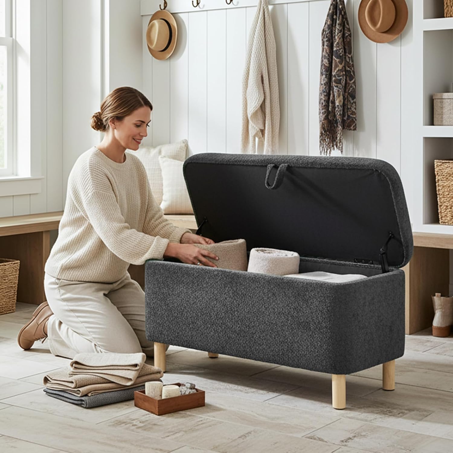 Ottoman with Storage, Storage Ottoman Bench, Entryway Bench with Wood Legs for Living Room, Bedroom, Sitting Area, Dark Grey