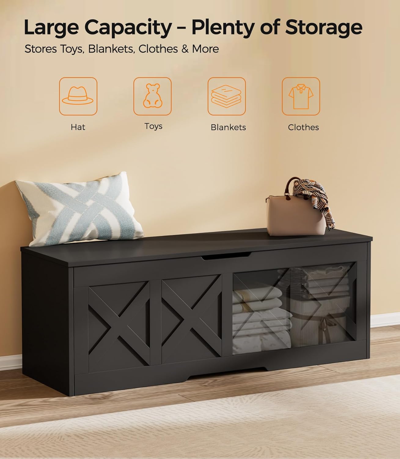 Homleke 47.2" Extra-Large Wooden Storage Chest – Farmhouse Toy Box, Entryway Bench, Bedroom Storage, Safety Hinge, Easy Assembly, Black